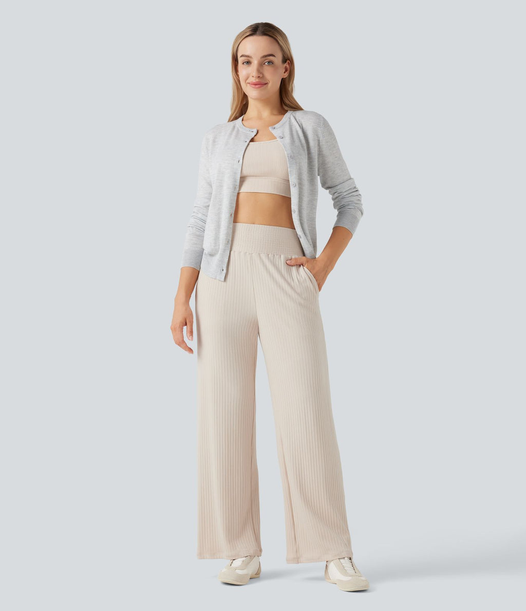 Pantalon décontracté maille côtelée taille haute avec poches