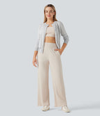 Pantalon décontracté maille côtelée taille haute avec poches
