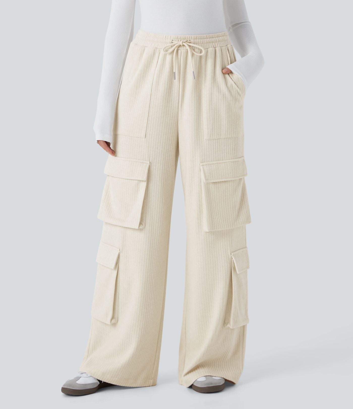 Pantalon cargo décontracté large à cordon côtelé, taille mi-haute, avec poches