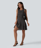 Robe mini casual à pois col rond sans manches ourlet à volants superposés