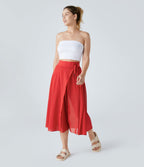 Jupe Casual Évasée Mesh Mi-Longue Fuide 2 en 1 Contrastée Taille Haute Cordon Poche Latérale