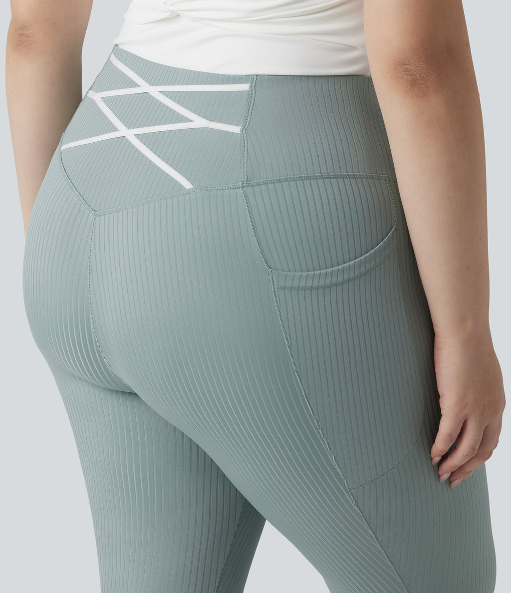 Legging sport grande taille en maille côtelé, effet ventre plat, taille haute avec poches