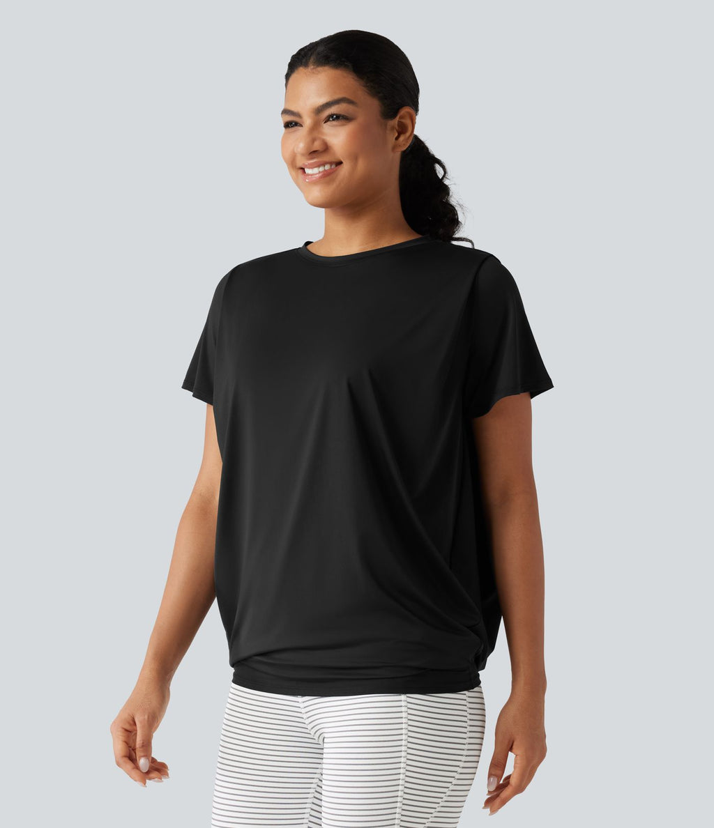 Haut de yoga effet frais InstantCool longueur allongée à manches courtes, encolure arrondie, fronces et protection solaire UPF50+