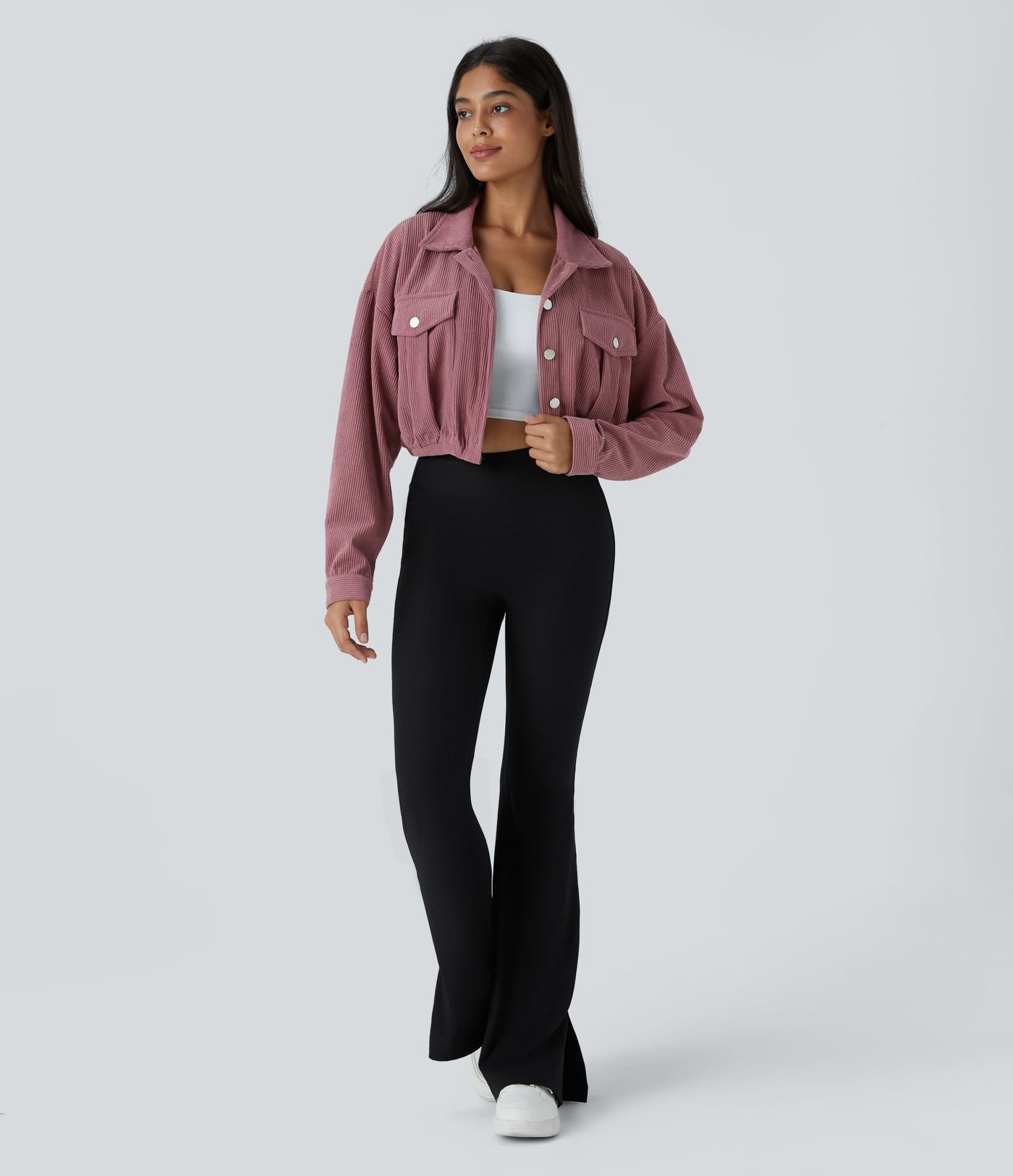 Veste Casual en Velours Côtelé à Boutons Poches Col Court