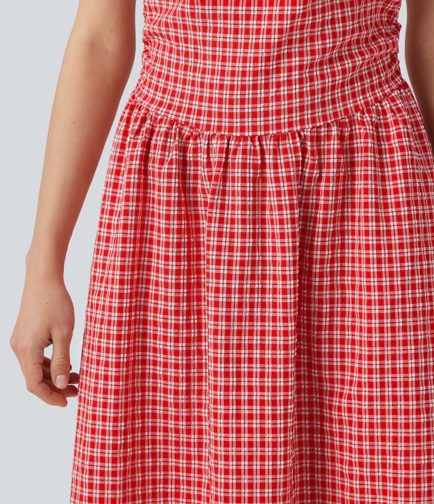 Robe midi décontractée à carreaux vichy, col bateau, sans manches, avec poches