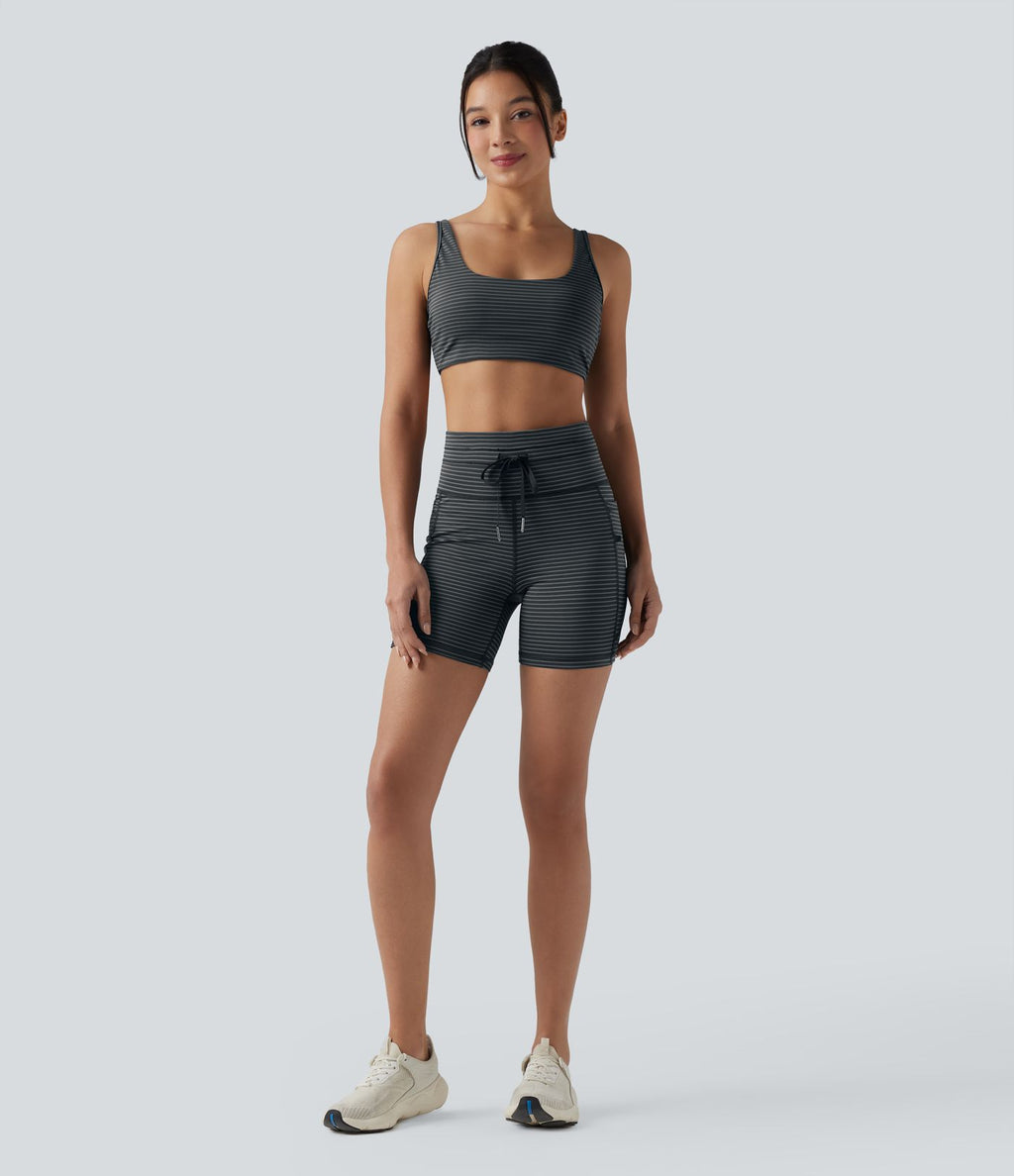 Short cycliste de yoga taille haute à rayures avec cordon de serrage 12,5 cm et poches