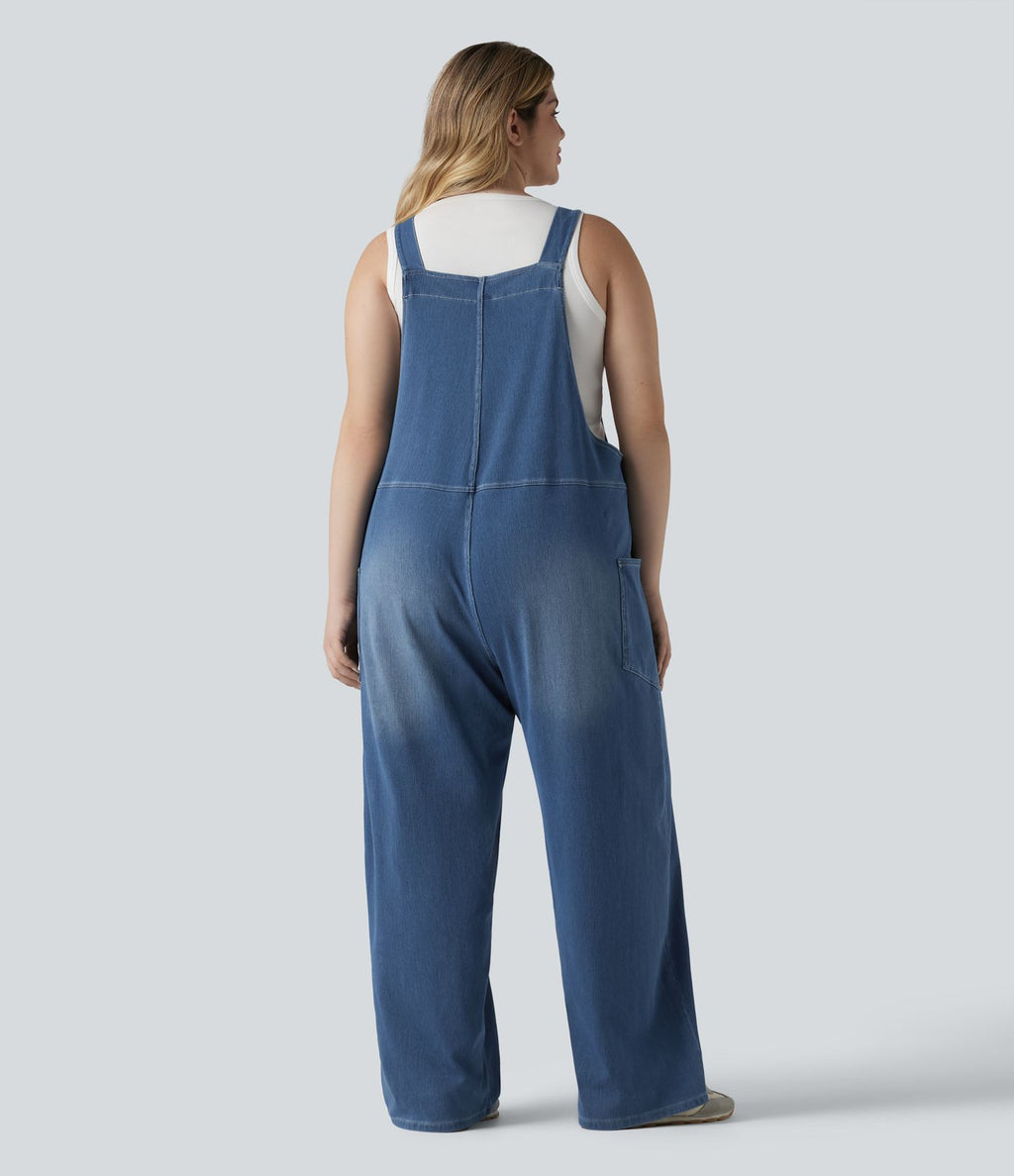 Salopette décontractée Halara Flex™ grande taille en maille denim extensible délavée col V avec poches