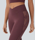 Softlyzero™ Legging Yoga 7/8 Taille Haute avec Poche au Dos Découpe Croisée et Dentelle Contrastante