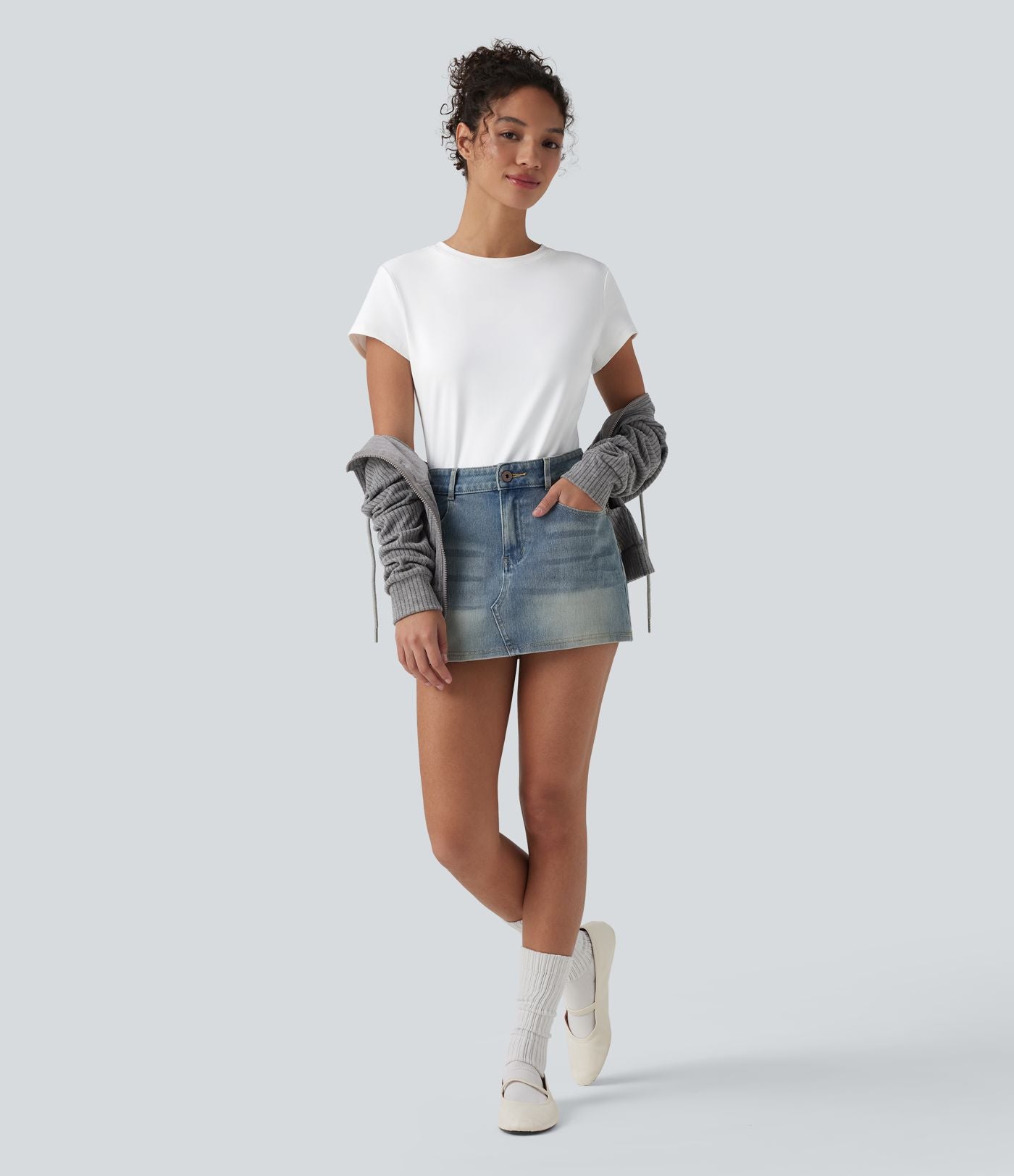 T-shirt baby tee décontracté col rond près du corps - Longueur plus longue