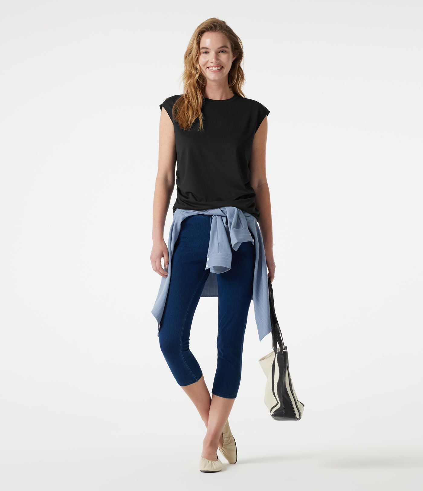 T-shirt casual froncé à col rond et manches courtes