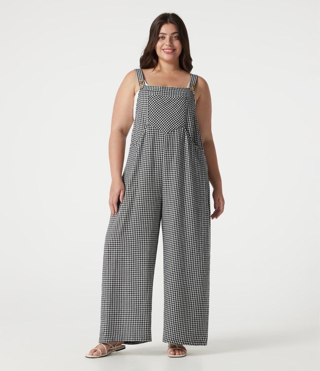 Salopette grande taille effet lin à carreaux avec poches