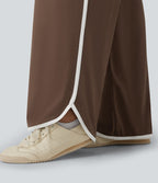 Pantalon large casual color block taille haute à ourlet arrondi avec poches