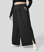 Pantalon Large Casual Taille Haute Boutonnés Fermeture Éclair Plissé Poches Latérales Ourlet Fendu Grande Taille