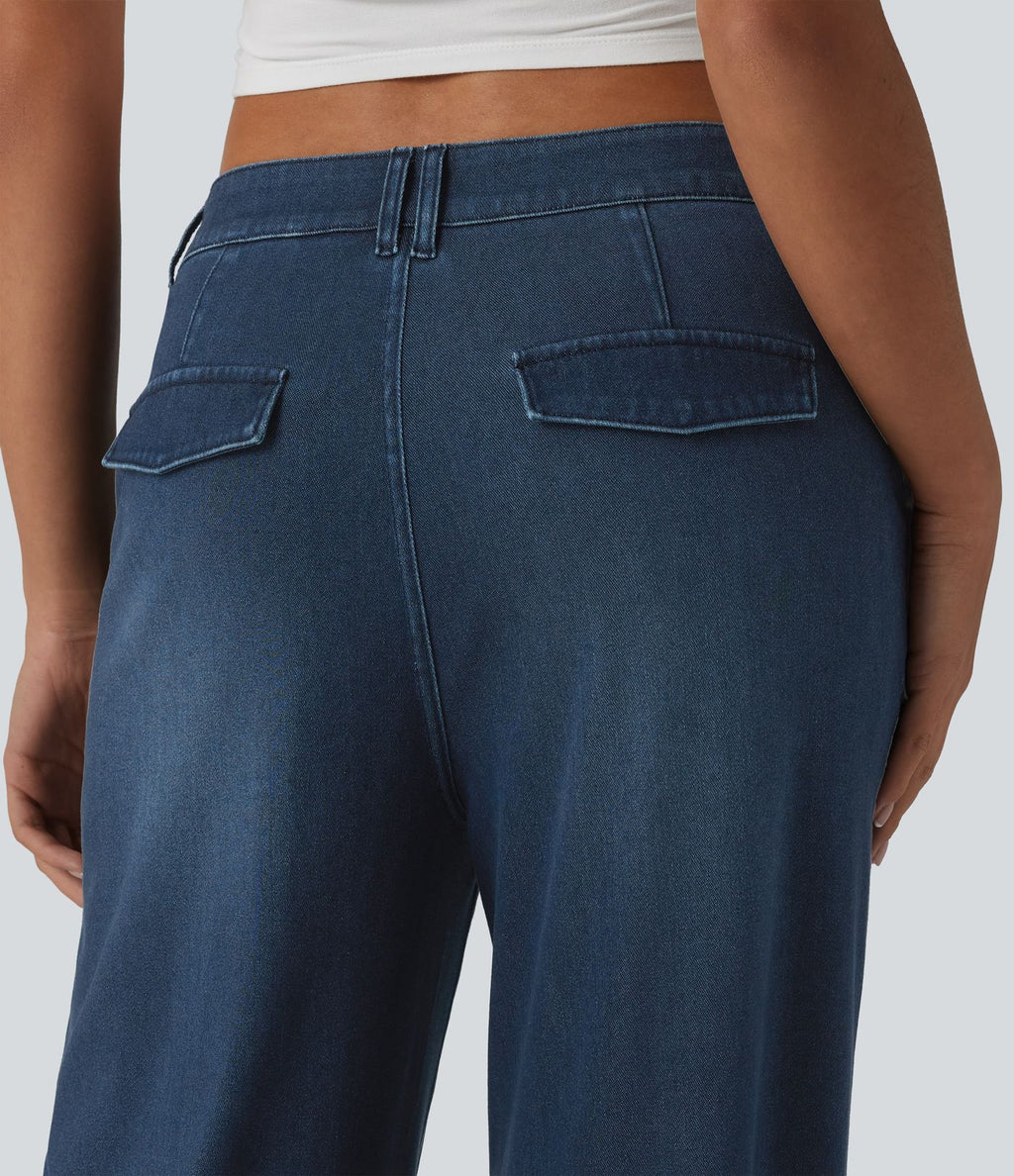 Halara Flex™ Jean large casual baggy taille mi-haute en lyocell drapé effet délavé, ourlet ajustable et poches