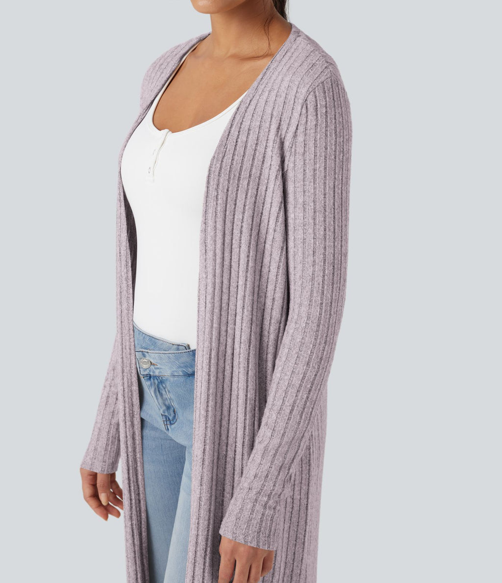 Manteau long décontracté maille côtelée manches longues avec fente