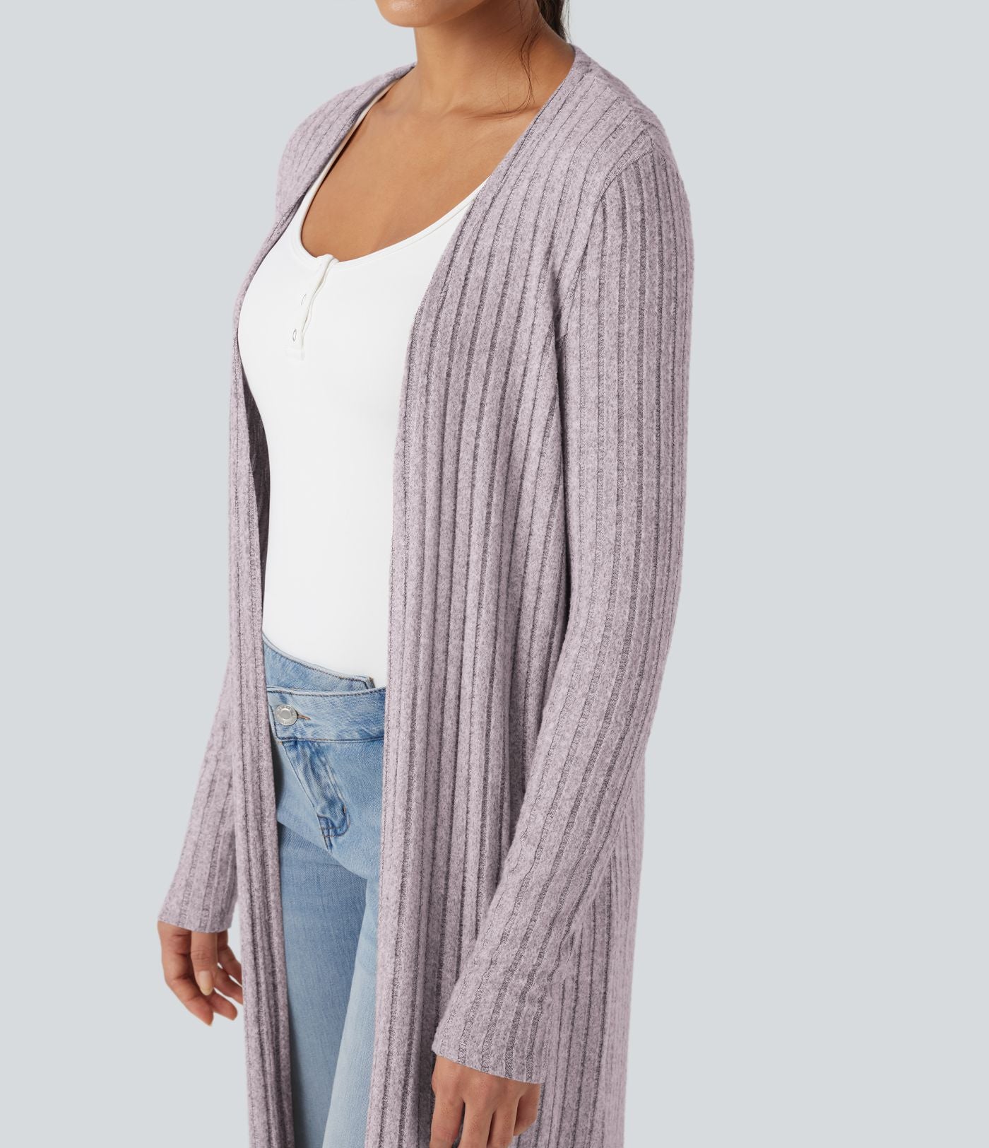Manteau long décontracté maille côtelée manches longues avec fente