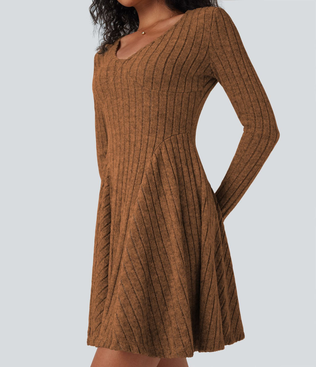 Robe décontractée mini évasée maille côtelée col V manches longues