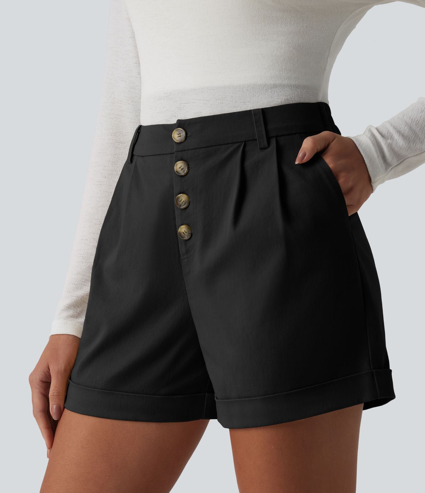 Short chino casual ample coton taille mi-haute à ourlet retroussé avec poches