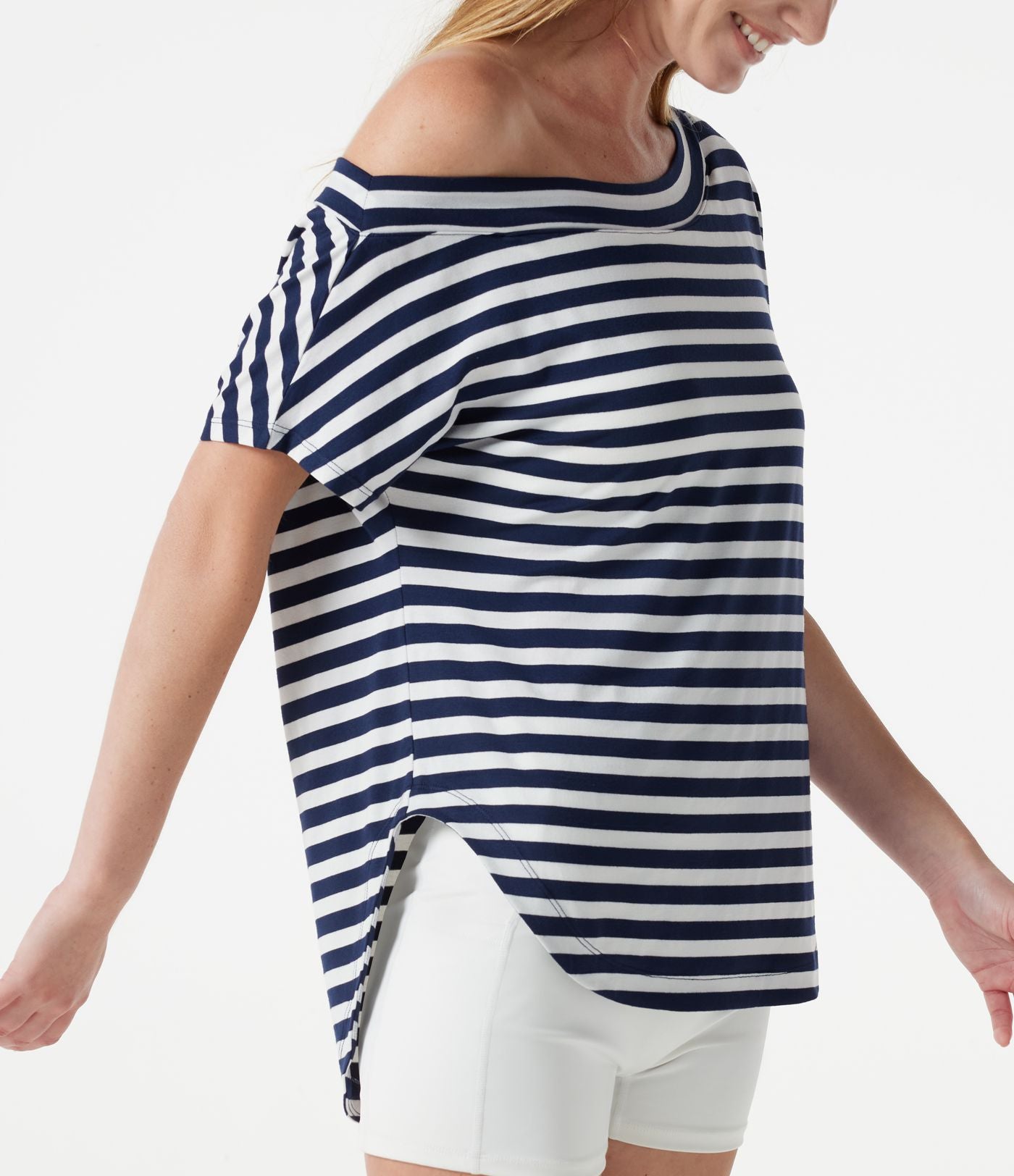 Top casual asymétrique épaule dénudée à rayures, manches courtes, ourlet incurvé et brassière intégrée