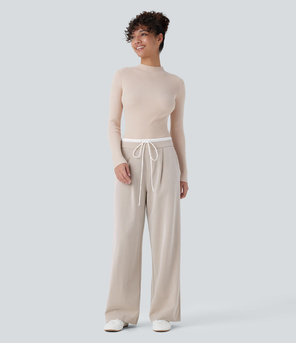 Pantalon décontracté jambe large bicolore double épaisseur, taille basse avec poches latérales