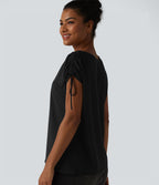 T-shirt tailleur en mousseline infroissable col bateau avec cordon de serrage et ourlet asymétrique