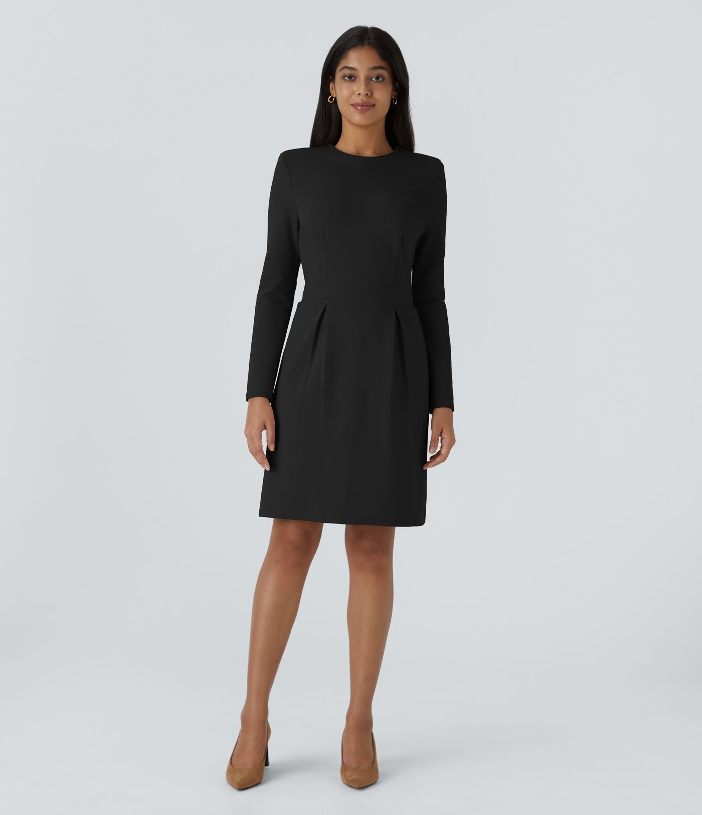 Robe de travail mini ajustée col rond à épaulettes à manches longues et ourlet