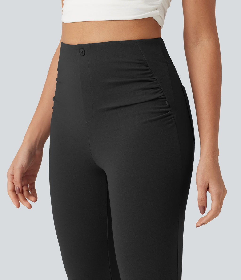 Pantalon de golf flare taille haute froncé avec poches et porte-tees