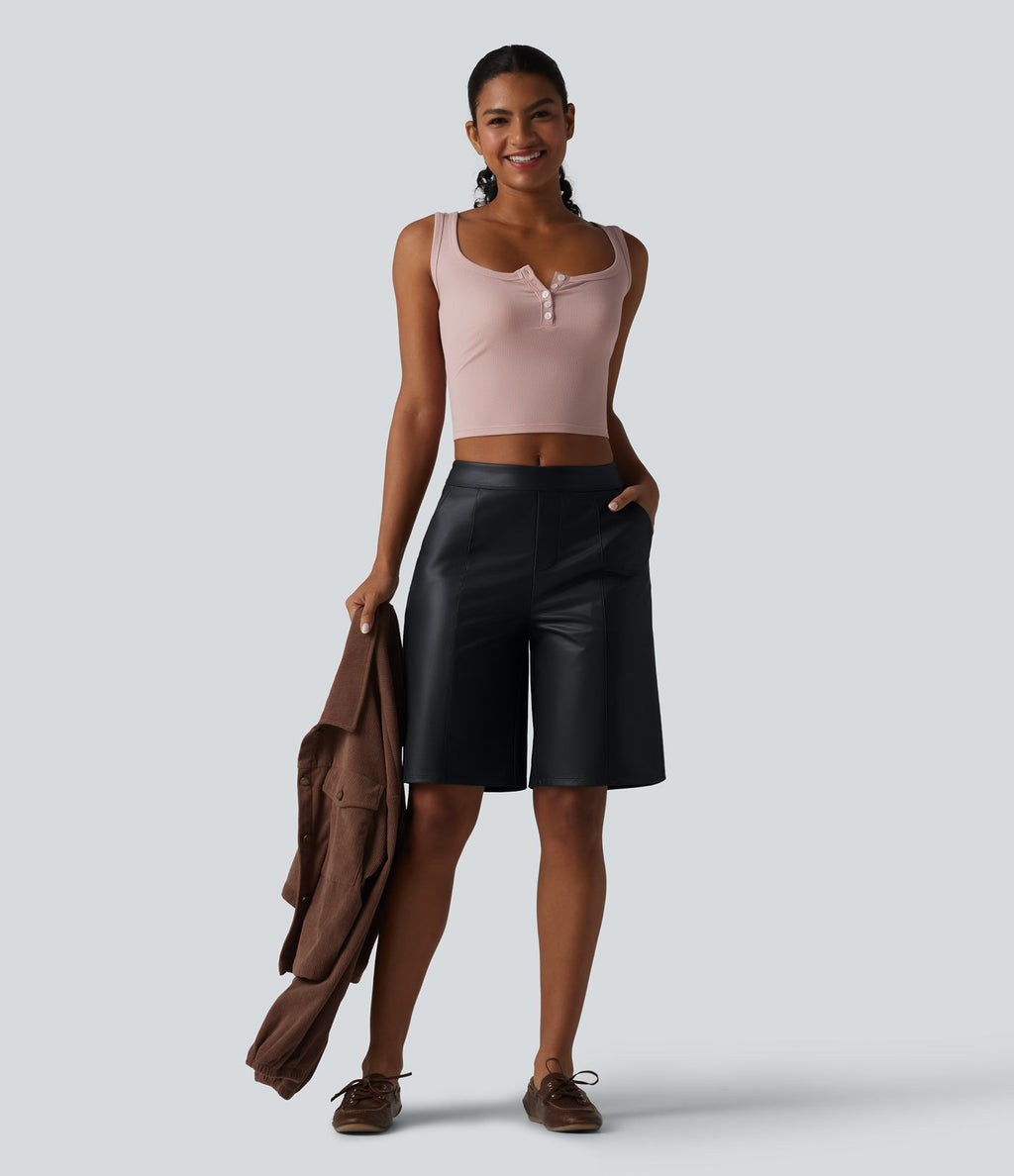 Bermuda décontracté taille mi-haute en PU extensible avec poches 25 cm