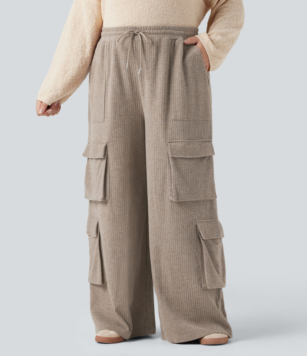 Pantalon cargo décontracté grande taille, ample, côtelé, taille mi-haute, à cordon, avec poches