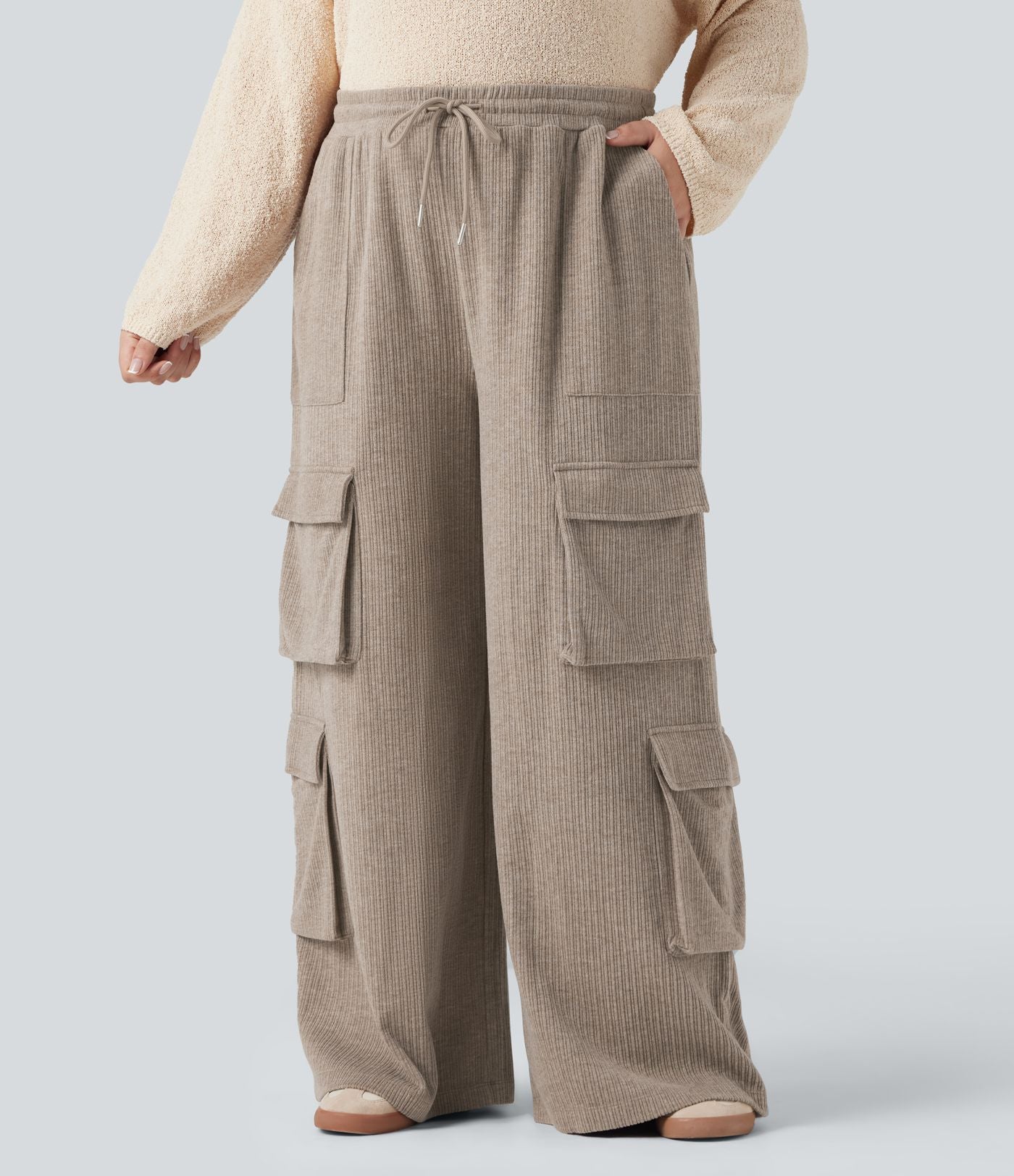 Pantalon cargo décontracté grande taille, ample, côtelé, taille mi-haute, à cordon, avec poches