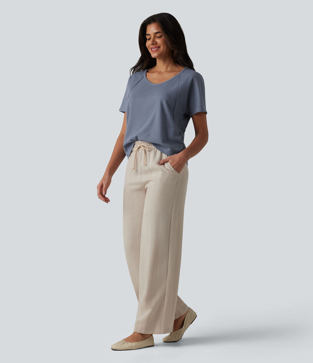 T-shirt casual en tissu gaufré à encolure cœur et manches courtes