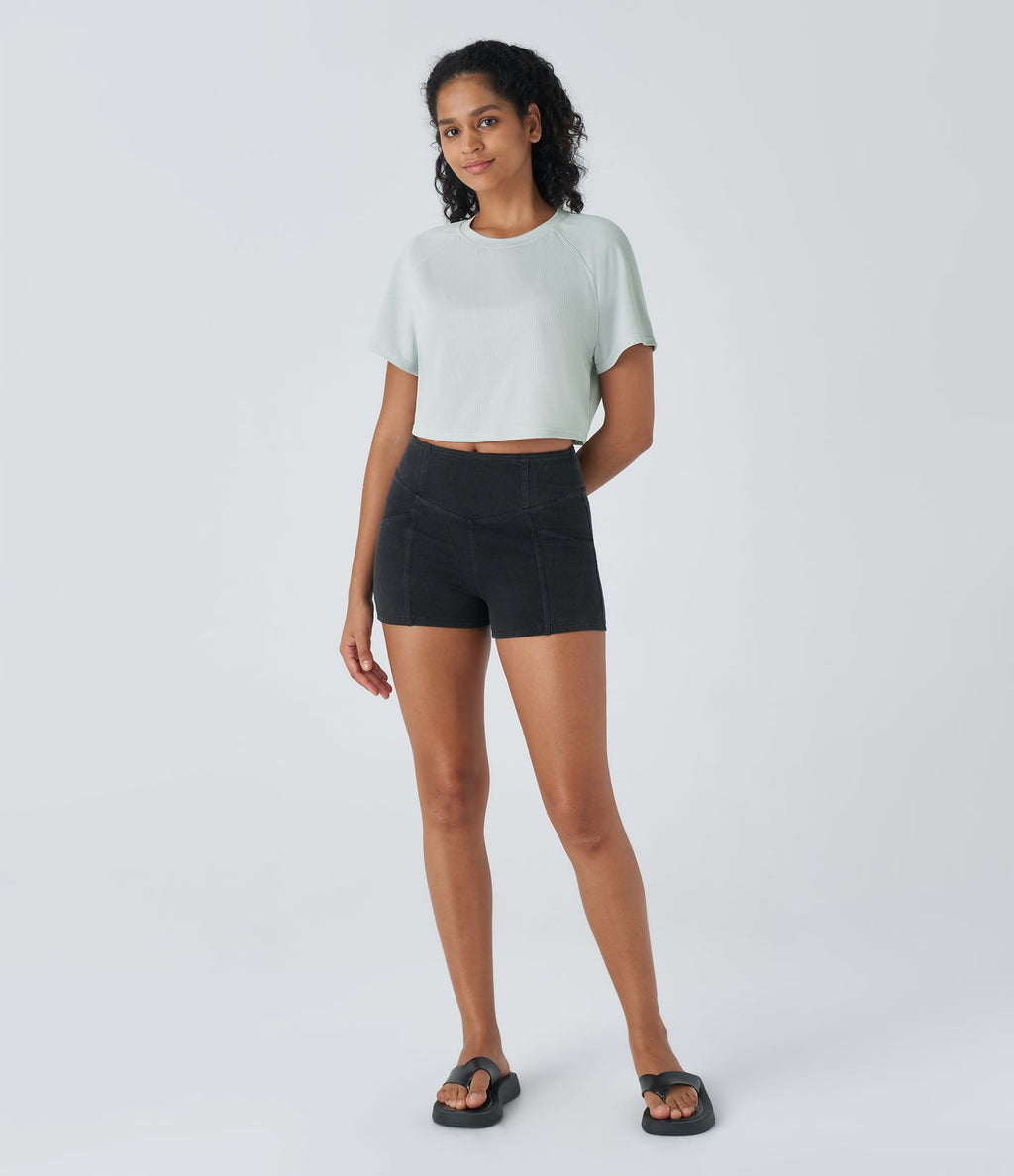 T-shirt Casual Court Tissu Gaufré Uni à Manches Raglan