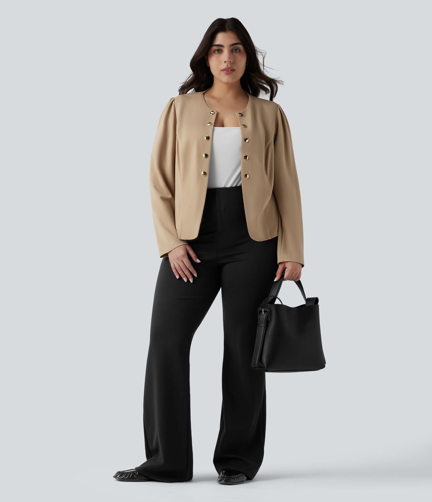 Blazer tailleur grande taille ajusté à col rond et manches longues
