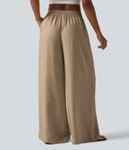 Pantalon large fluide taille haute en lin mélangé avec poches et liens latéraux