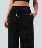 Pantalon décontracté velours jambe large taille mi-haute avec cordon de serrage et poches