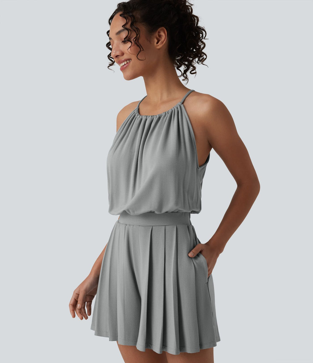 Combishort casual plissé col licou sans manches avec dos à nouer et poches – Easy Peasy