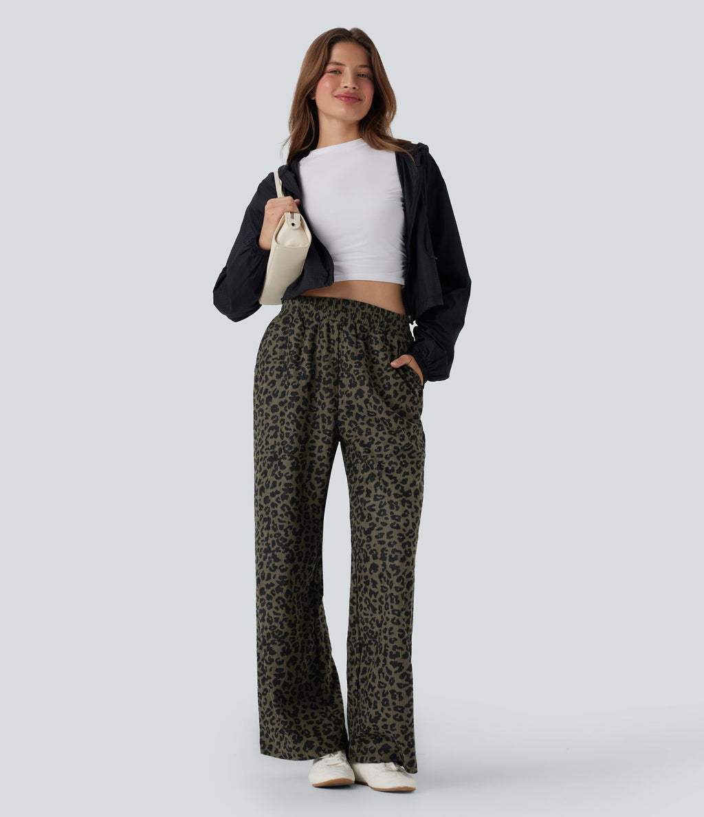 Pantalon léopard ample décontracté velours côtelé imprimé taille haute avec poches