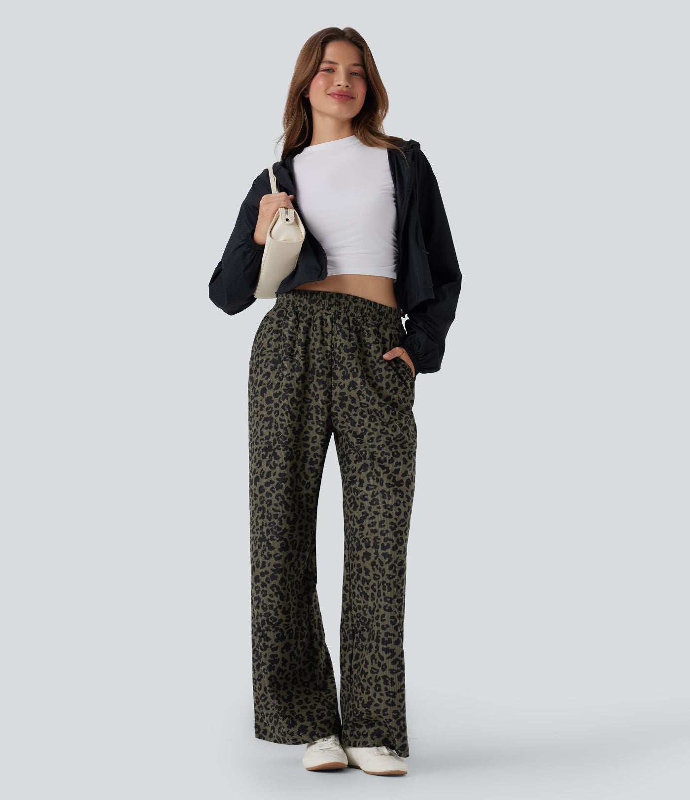 Pantalon léopard ample décontracté velours côtelé imprimé taille haute avec poches