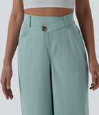 Pantalon large casual taille haute croisée aspect lin avec poches