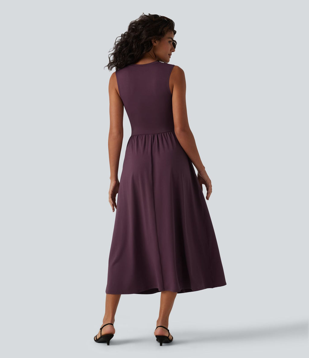Robe midi casual fluide sans manches à col rond avec poches