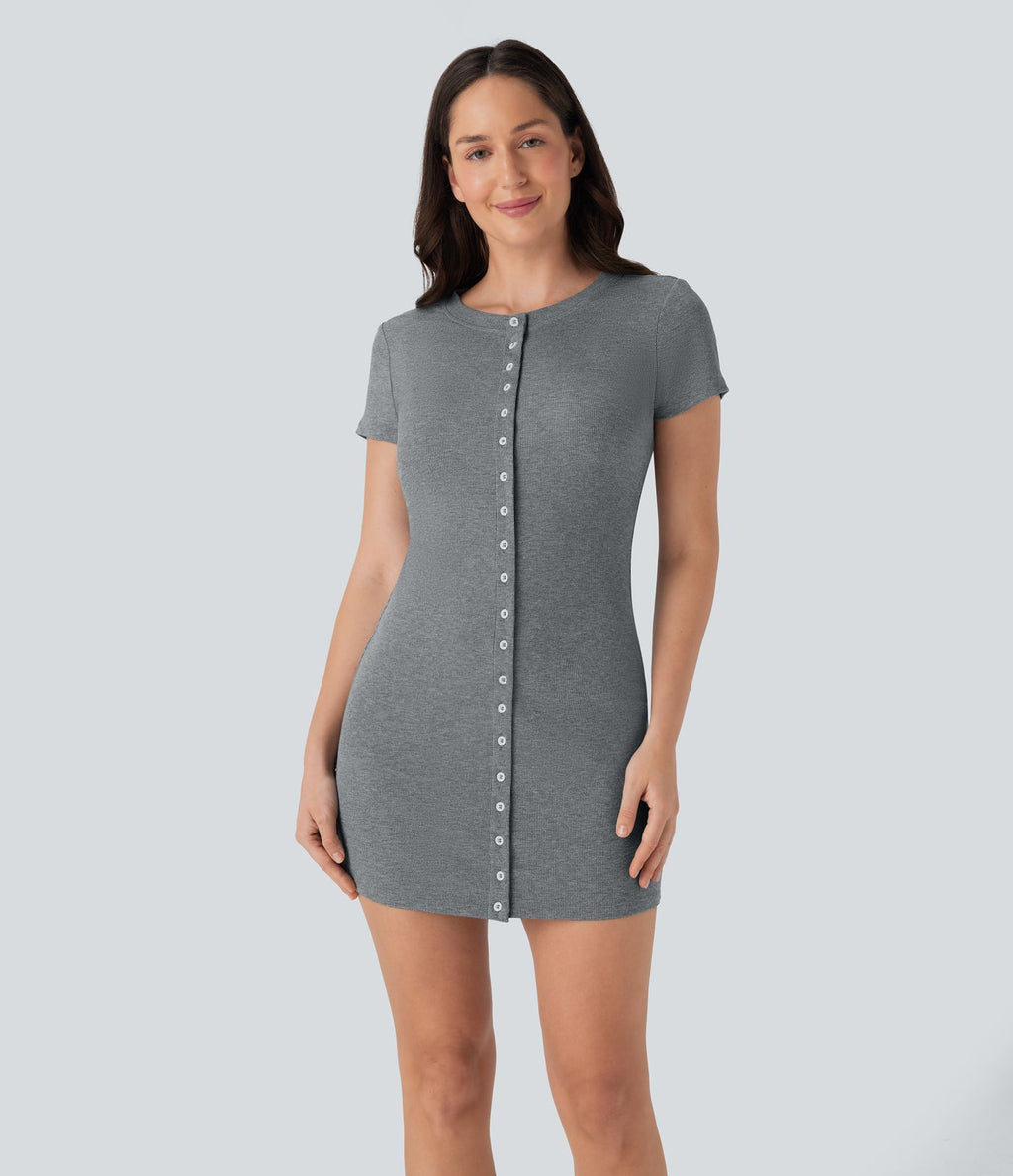 Robe décontractée mini en maille côtelée à col rond et boutons