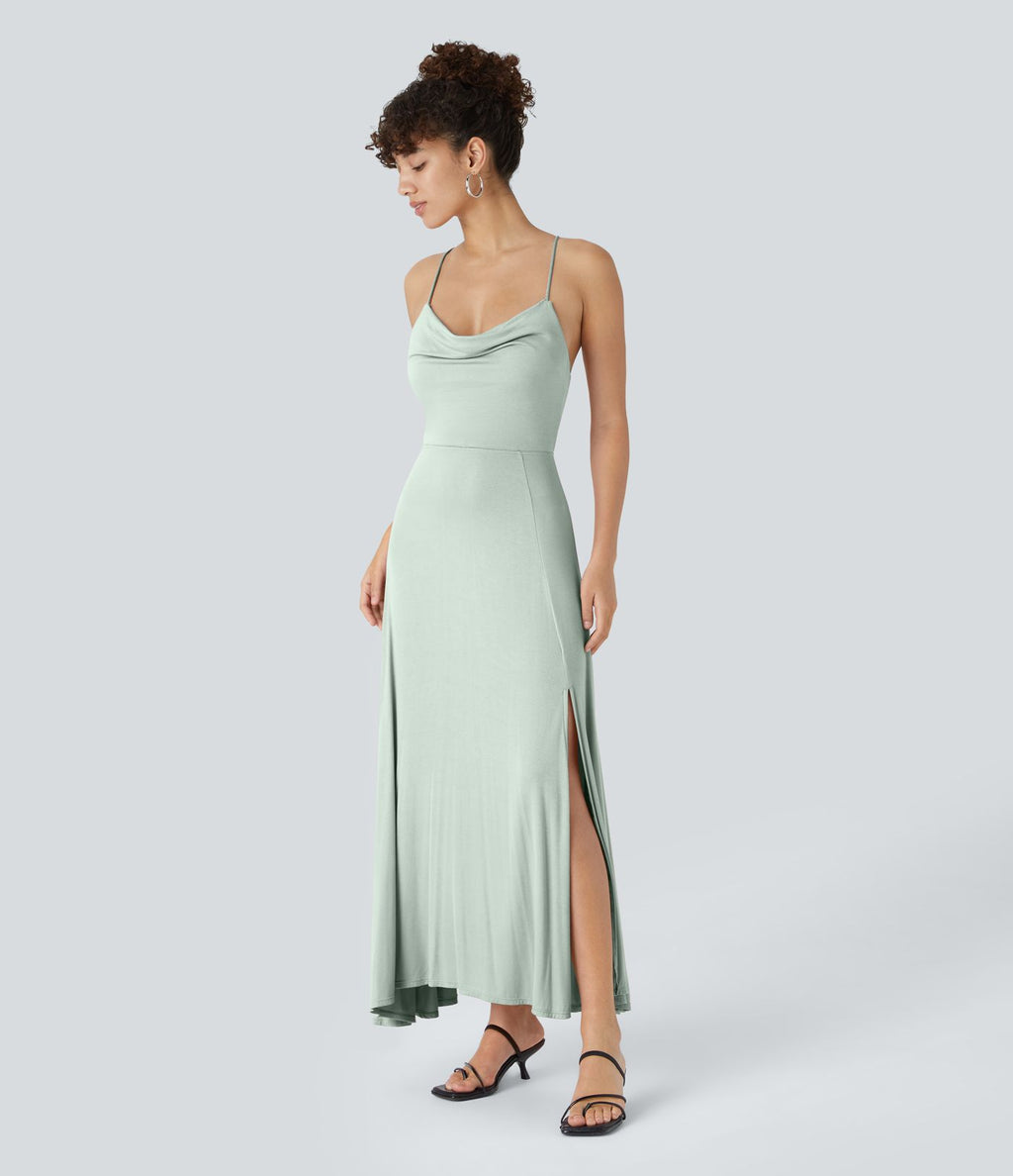 Robe Soirée Midi Encolure Côtelée Dos Nu Lacets Croisés Fendue