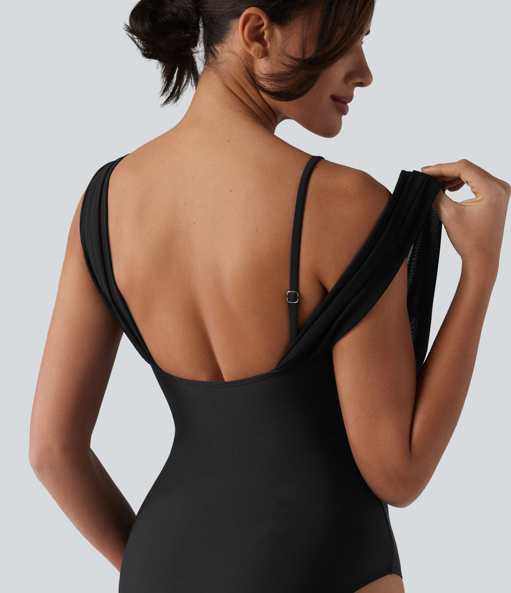 Maillot de bain une pièce col V sans manches ventre plat soutien-gorge intégré