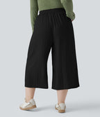 Pantalon grande taille large fluide taille haute avec cordon de serrage, poches et aspect lin