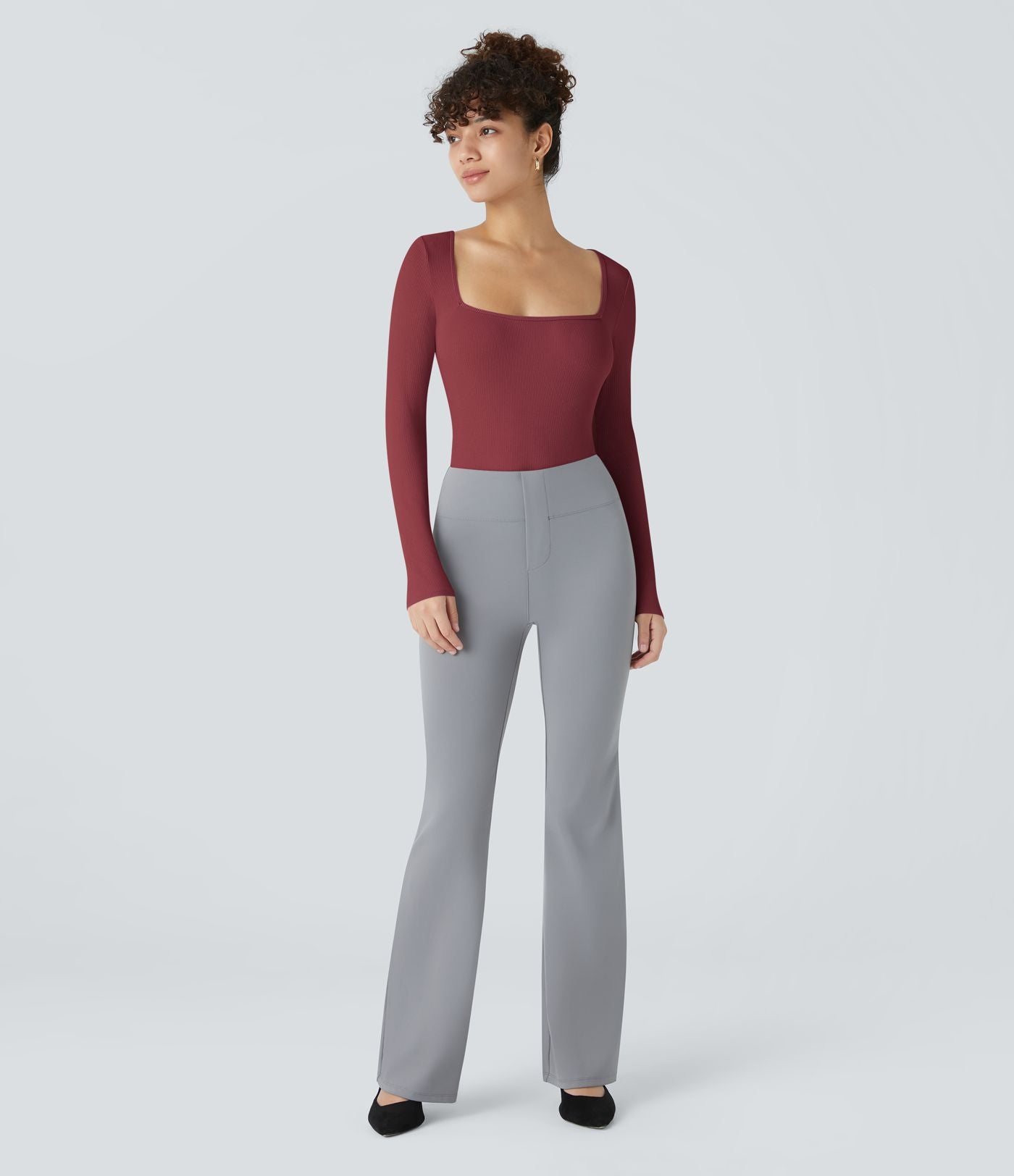 Bodysuit de Travail Tricot Côtelé Col Carré Manches Longues Boutonné Silhouette Élancée