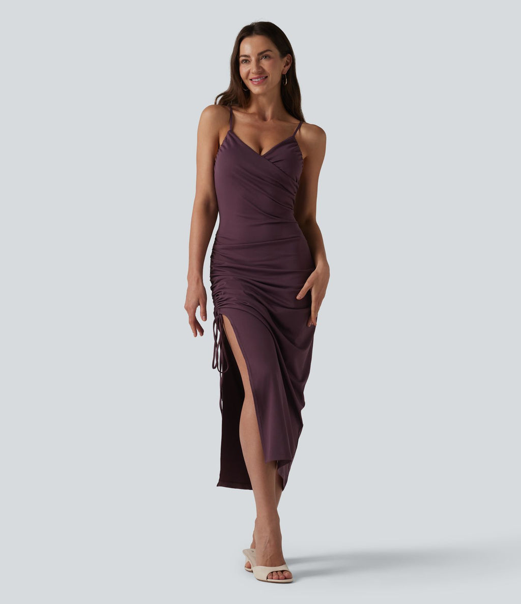 Robe midi moulante à col en V rembourrage non amovible et fronces à cordon
