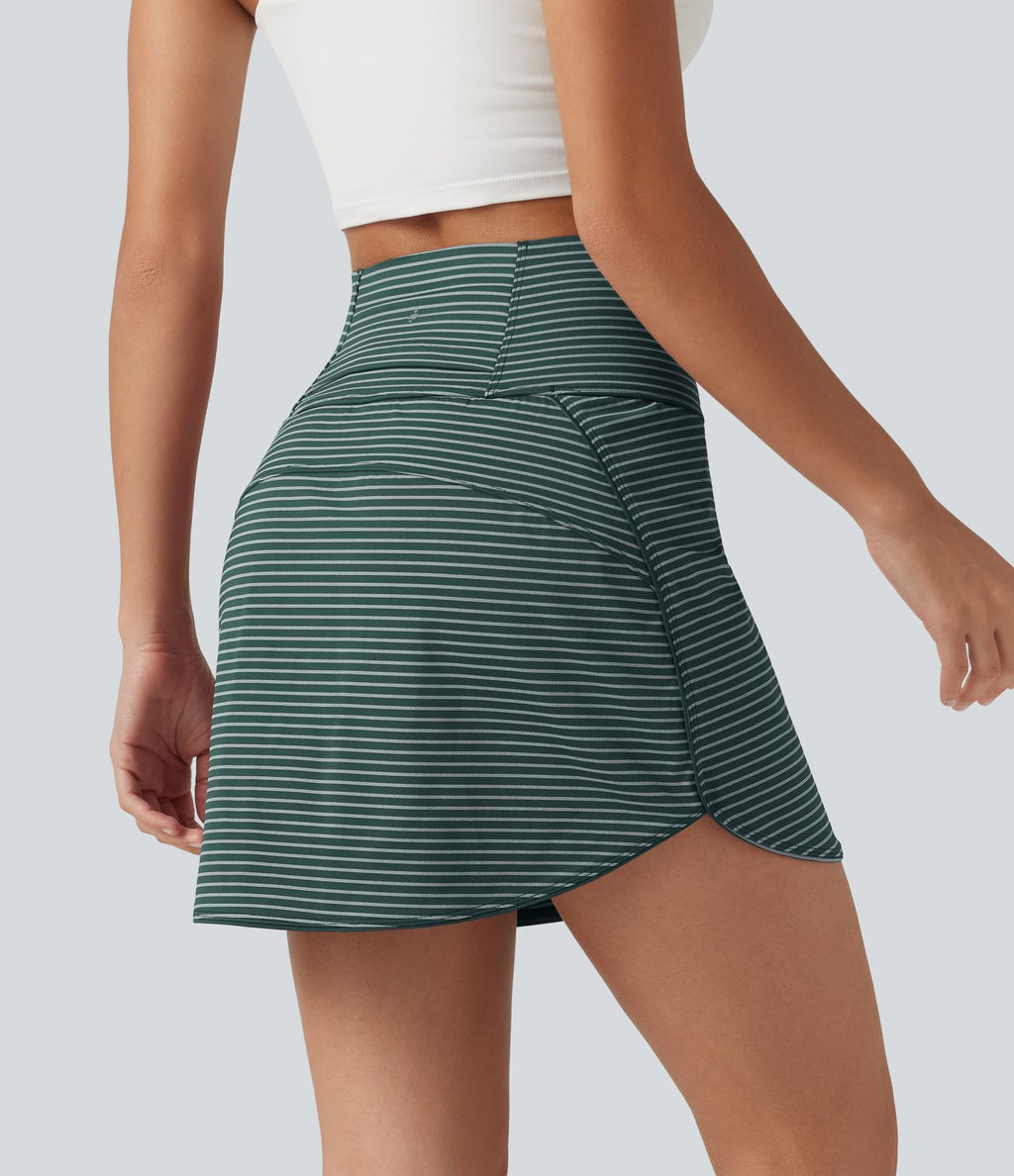 Mini-jupe de golf 2 en 1 à rayures, taille ultra haute, effet ventre plat, ourlet arrondi et poches