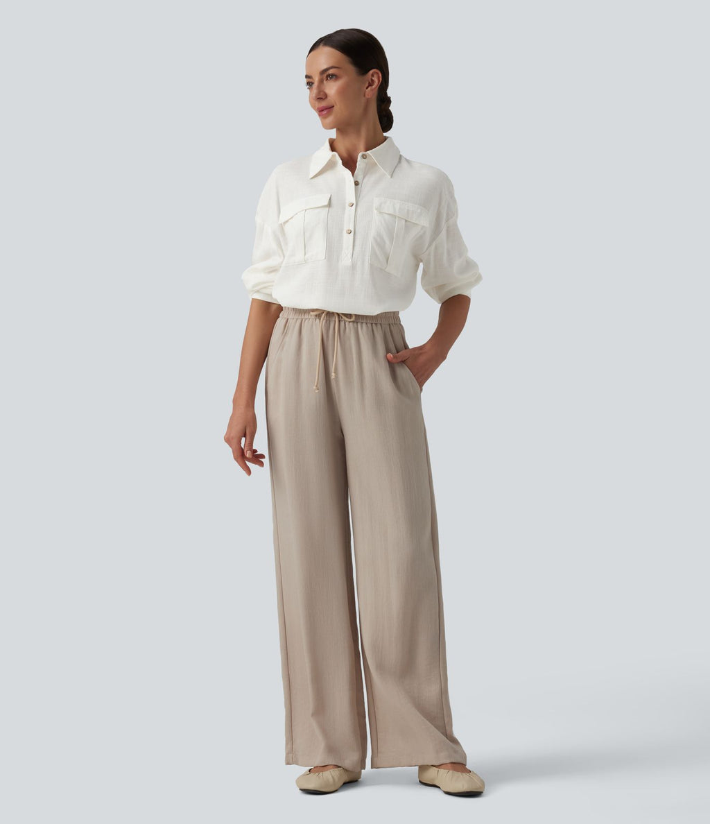 Chemise décontractée en lin col ourlet arrondi manches longues boutonnée avec poches