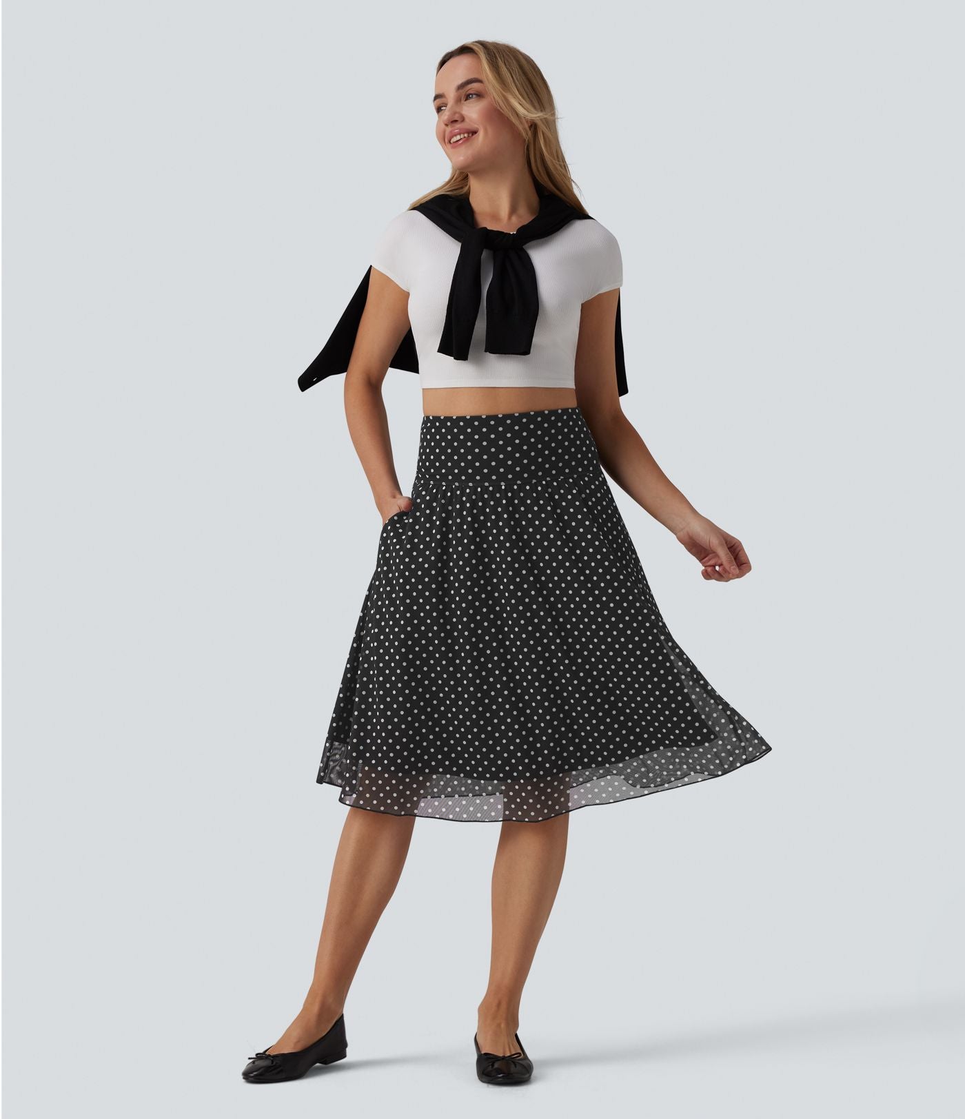 Jupe casual mi-longue gainante taille haute en mesh à pois avec poches