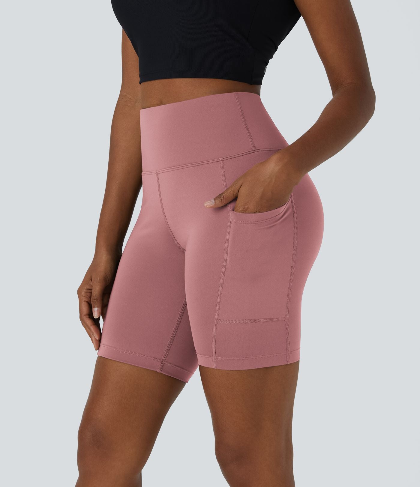 Short 17,5cm Biker Uni à Taille Haute avec Poche Latérale